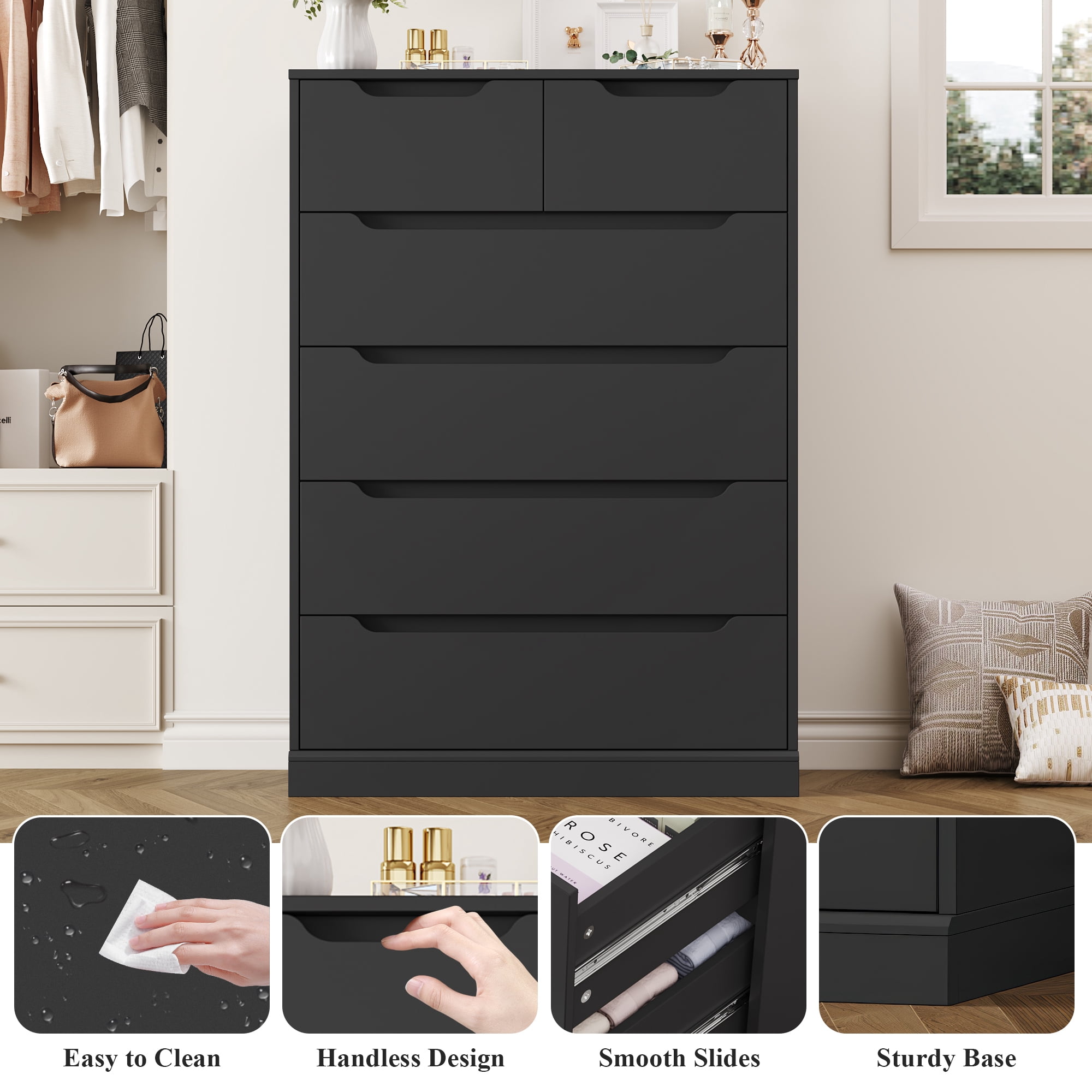 Homfa 6 Drawer Black Dresser, 43.3" H Wood Storage Cabinet with Upgraded Stable Base Vertical Chest for Bedroom Living Room