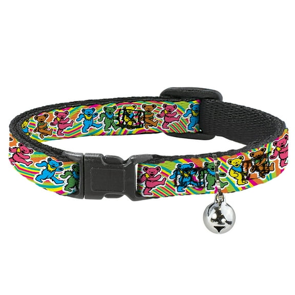 Grateful Dead Breakaway Cat Collar With Bell, Plastic Clip, Easy Adjustable, Grateful Dead Dancing Bears Swirl Multi Color, 8.5 to 12 Inches 0.5 Inch Wide