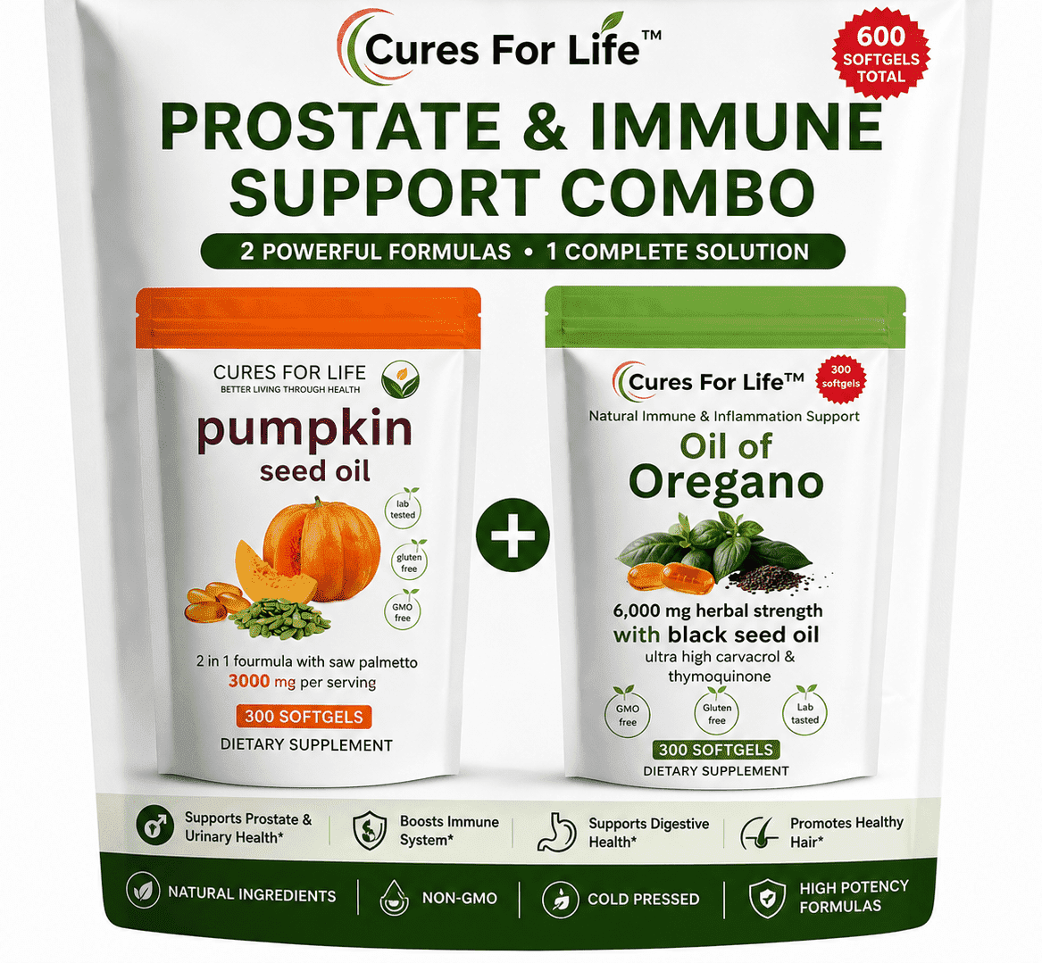 Oil of Oregano with Black Seed & Pumpkin Seed Oil + Saw Palmetto - Prostate & Immune Support Combo | 600 Softgels Total