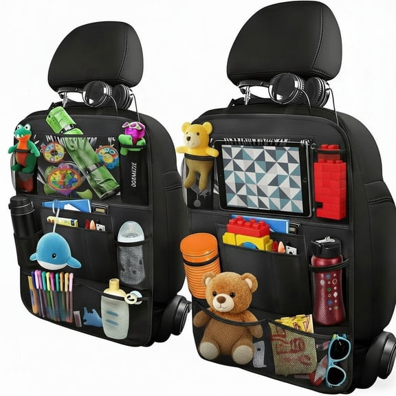2 Pack Car Backseat Organizer – 10" Tablet Holder   9 Storage Pockets | Seat Back Protector Kick Mats, Upgrade Polyester, Waterproof & Easy to Clean Travel Car Accessories