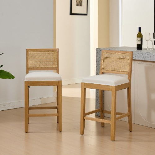 Xukmct 2 Pack Linen Cushion Seat Barstools with Wood Frame, Rattan Back Bar Stools for Kitchen Island, Dining Room, Bar, Beige