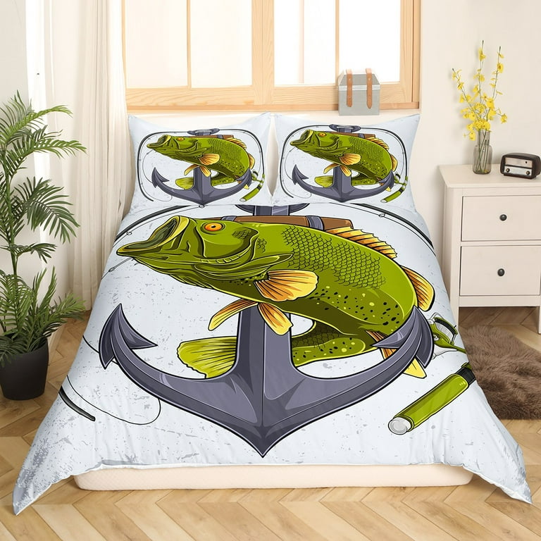 YST Green Bass Fish Bedding Sets Full Vintage Anchor Comforter Cover,  Nautical Theme Bed Sets Fishing Reel Duvet Cover, Rustic Farmhouse Decor  Quilt Cover for Kids Bedroom Decor 3pcs 