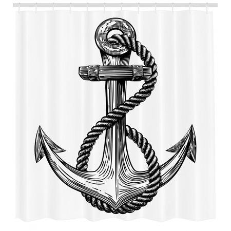 Anchor Shower Curtain Vintage Sketch Style Monochrome Rope Arrangement Naval Equipment Illustration Fabric Bathroom Set With Hooks 69w X 70l