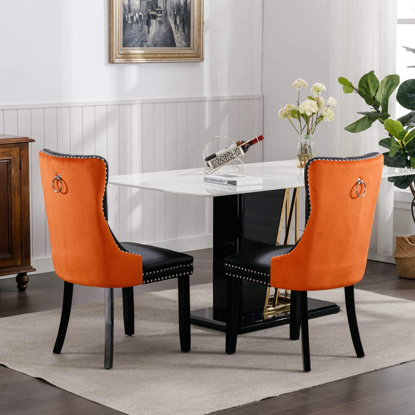 Gewnee 2-Pcs Set Modern High-end Tufted Solid Wood Contemporary PU and Velvet Upholstered Black+Orange Dining Chair with Wood Legs Nailhead Trim