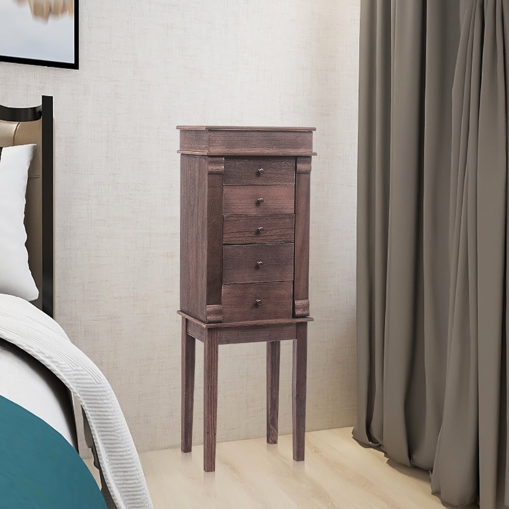 Lowestbest Standing Jewelry Armoire with Mirror, Jewelry Cabinet Chest with 5 Drawers & 8 Necklace Hooks