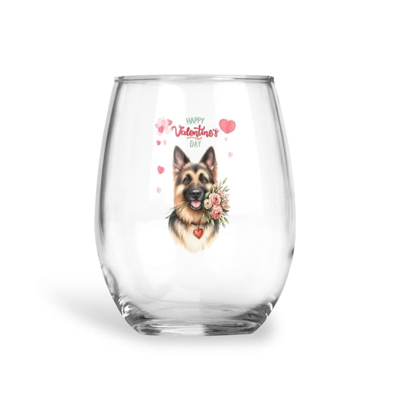 Happy Valentine's Day German Shepherd holding flowers 15oz Stemless Wine Glass Mug Alsatian Dog Lover Gifts Wine Glasses Cup - 3005
