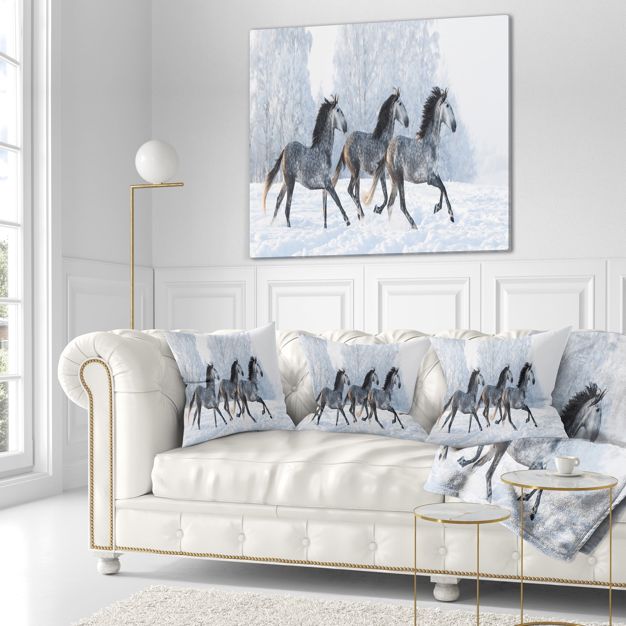 Designart Herd of Horses Run Across Snow - Landscape Printed Throw Pillow - 18x18