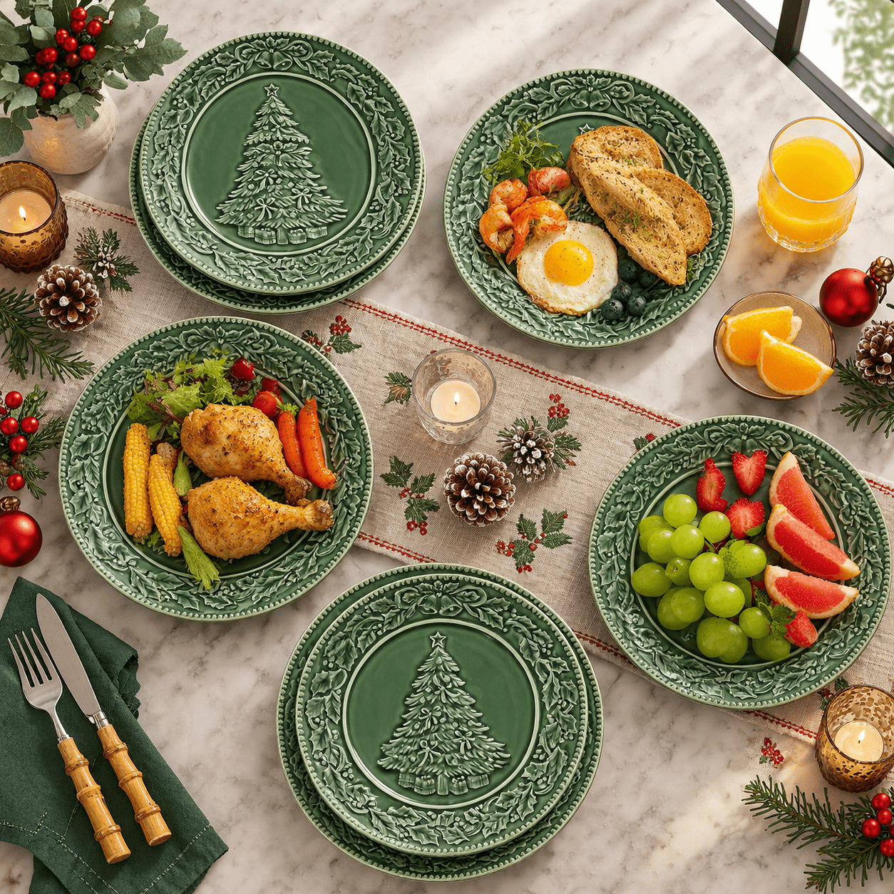 10 Inch Green Ceramic Salad Plates Set Of 6 with Embossed Christmas ...