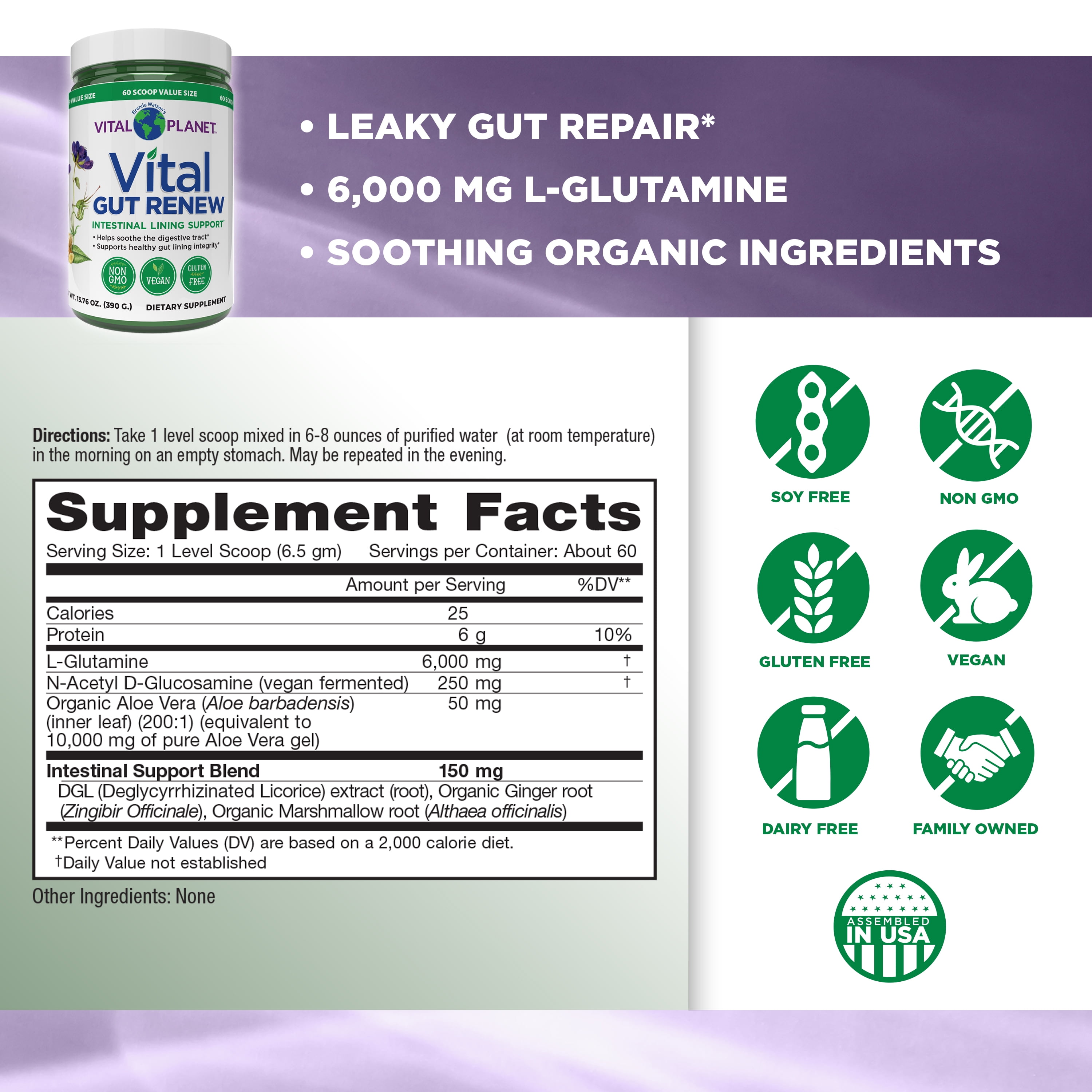 Vital Planet - Vital Gut Renew Powder Supplement for Leaky Gut Repair with L-Glutamine 6000mg 13.76 OZ