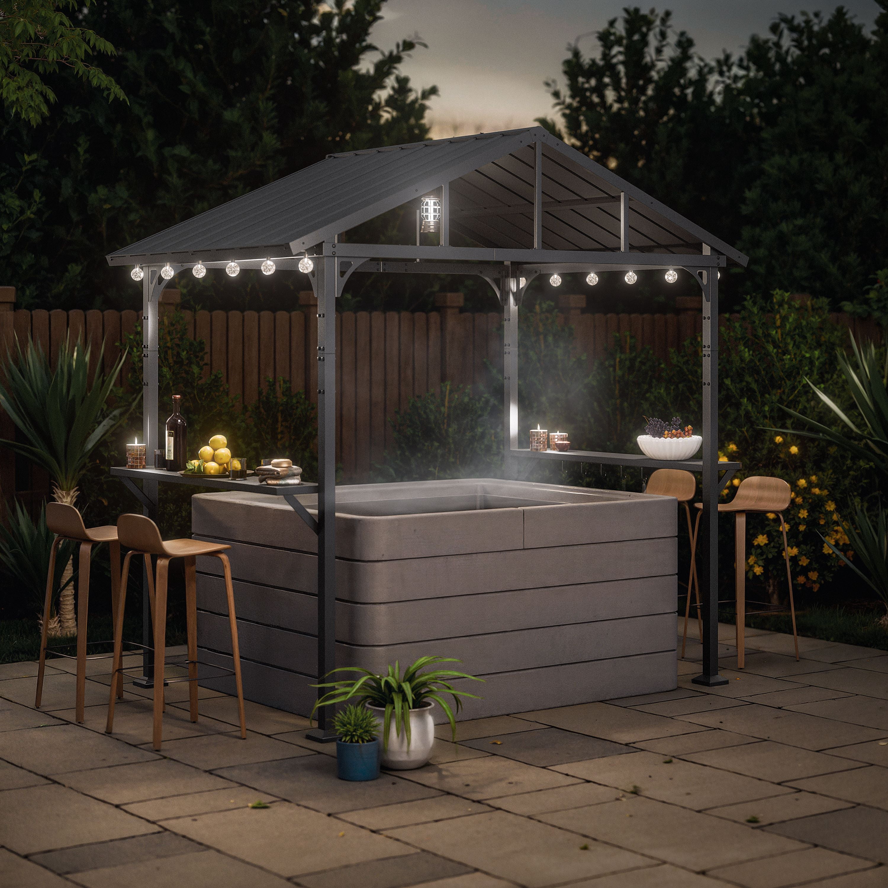 Kullavik 8x5 ft Heavy-Duty BBQ Gazebo with 19'' Smokeless Grill, All-Metal Canopy with Dual Shelves & Hooks, Outdoor Cooking Station for Patio & Backyard