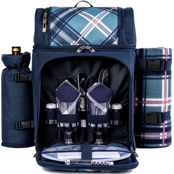 Picnic Basket Backpack Cooler for 2 Person with 2 Insulated 1Cooler Compartment,Detachable Bottle/Wine Holder, Fleece Blanket, Plates and Cutlery for Family,Couple and Friend Gatherings (Blue)