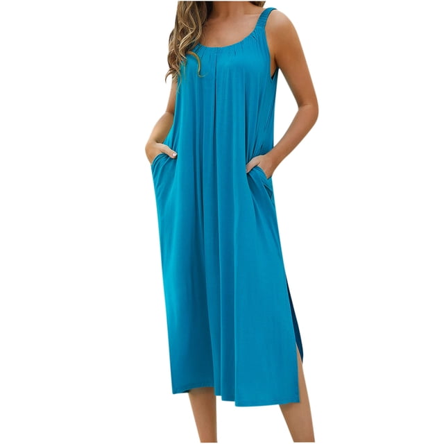 FAIWAD Robe Débardeur d'Été à Dégradé pour Femme Sans Manches à Col Rond Plissée Fendue Robes Fluides Grande Taille Robes Maxi