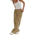 thumbnail image 2 of Brown Womens Cargo Pants Womens Daily Elastic Waist Pockets Straight Solid Color Casual Pants Loose Pockets Cargo Long Trousers, 2 of 6