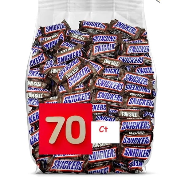 Snickerss Fun Size Candy Bars, Individually Wrapped, Bulk Candy of 70 CT - Chocolate Candy Bars Father’s Day Gift,