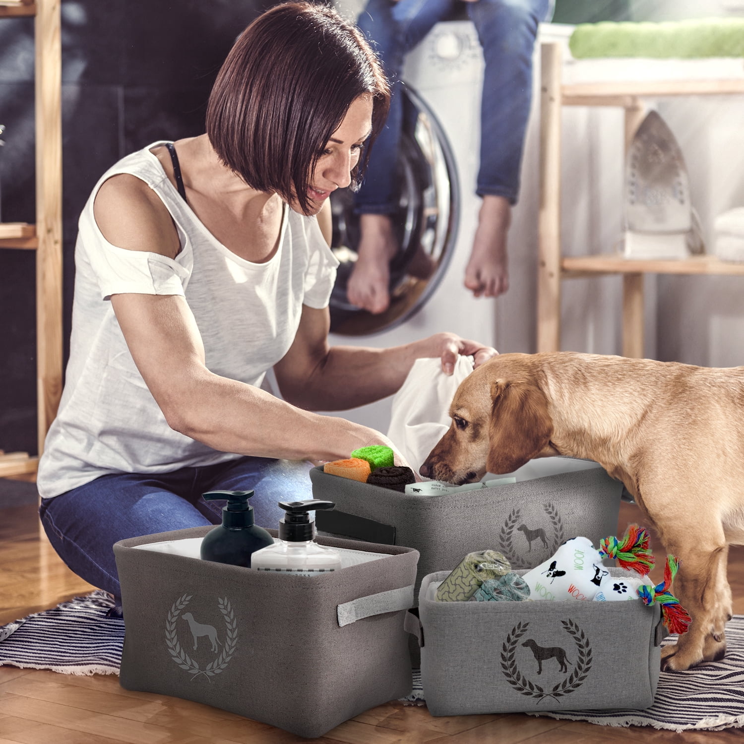 Precious Tails Linen Dog Crest Storage Bin 3 Pack Set for Dog/Cat