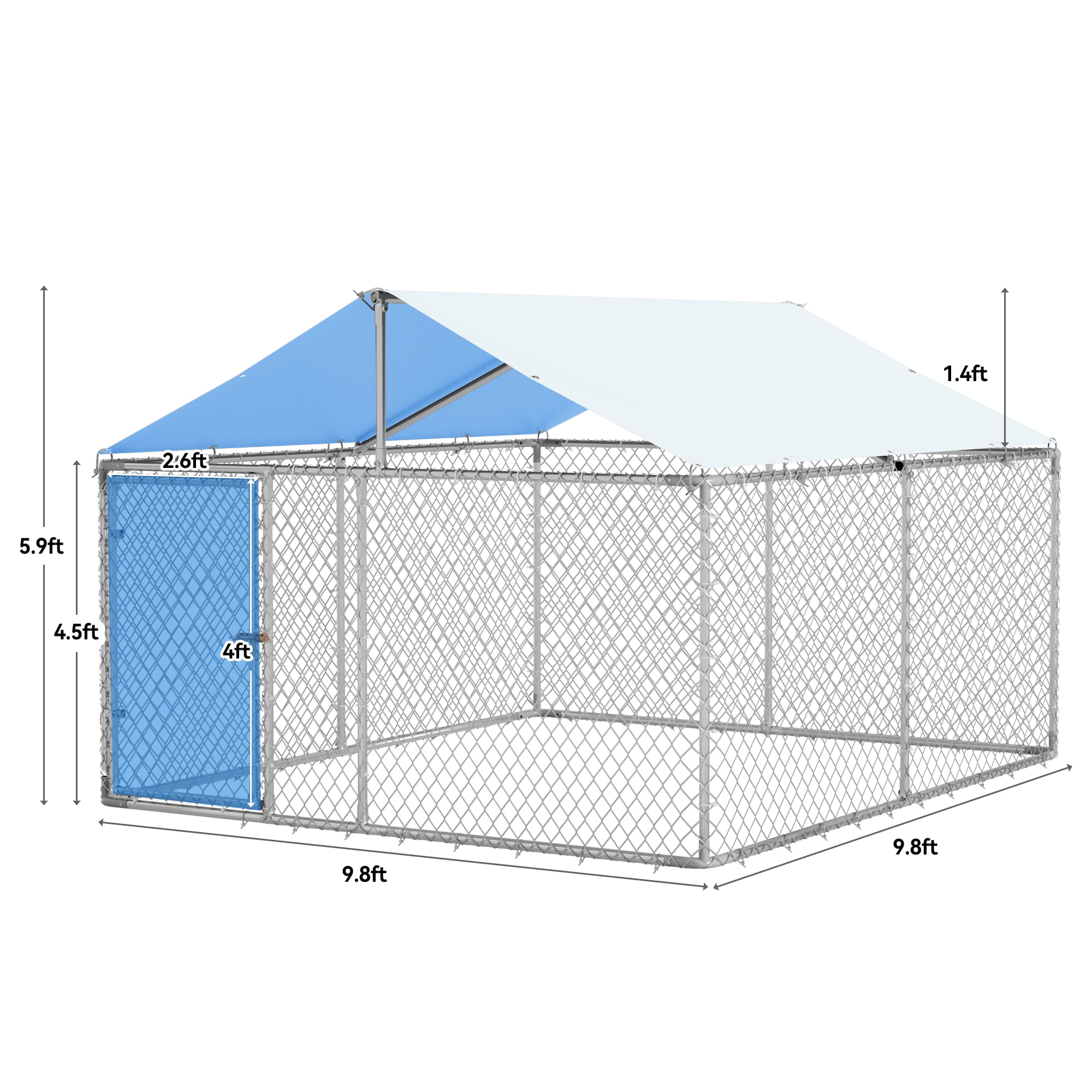 Large Outdoor Dog Kennel with Metal Dog Gate,Heavy-Duty Dog Enclosure with Roof for Backyard and Farm Use -118.1" L x118.1 W x70.8 H