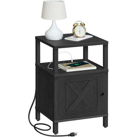 Nightstand with Charging Station, Black Bedside Table with USB&Type-C Ports and Outlets, End Table with Storage, Night Stand for Bedroom, Black