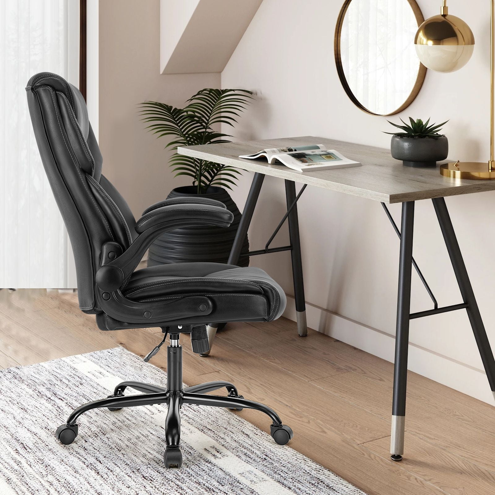 CONCETTA Leather Office Chair with Flip-Up Armrests, Black