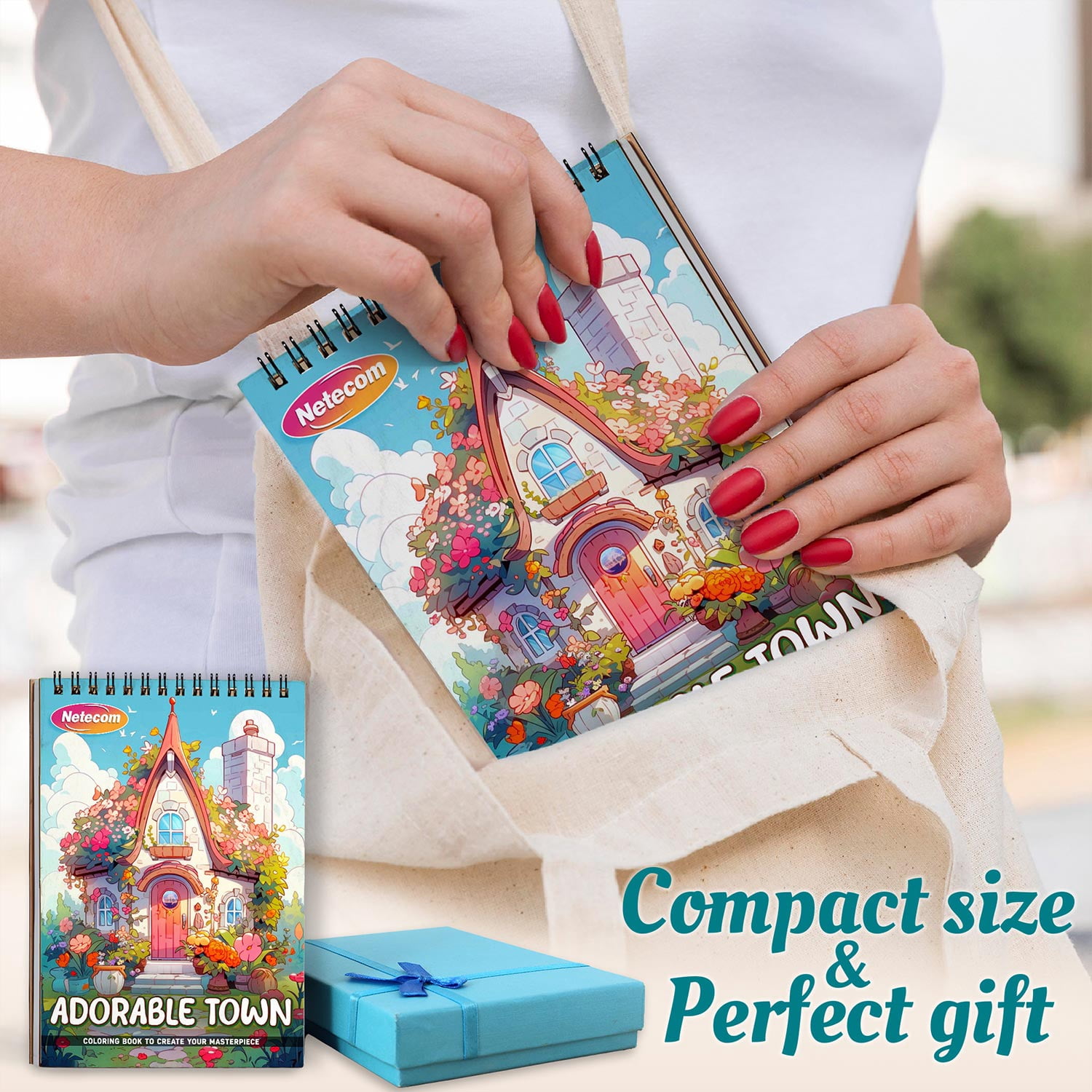 Netecom Adorable Town Spiral Bound Coloring Book for Adults, A5 Wooden Cover, 30 Charming Coloring Pages of Kawaii World for Stress Relief and Relaxation