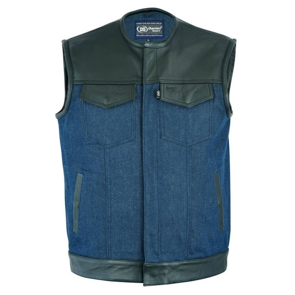 Daniel Smart Denim Motorcycle Vest with Leather Detailing Biker Vest for Men Without Collar Design