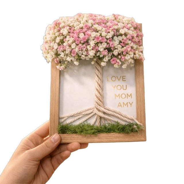 DIY Mothers Day Dried Flower Tree Frame Personalized Wooden Photo Frame With Letter Stickers & Artificial Flowers