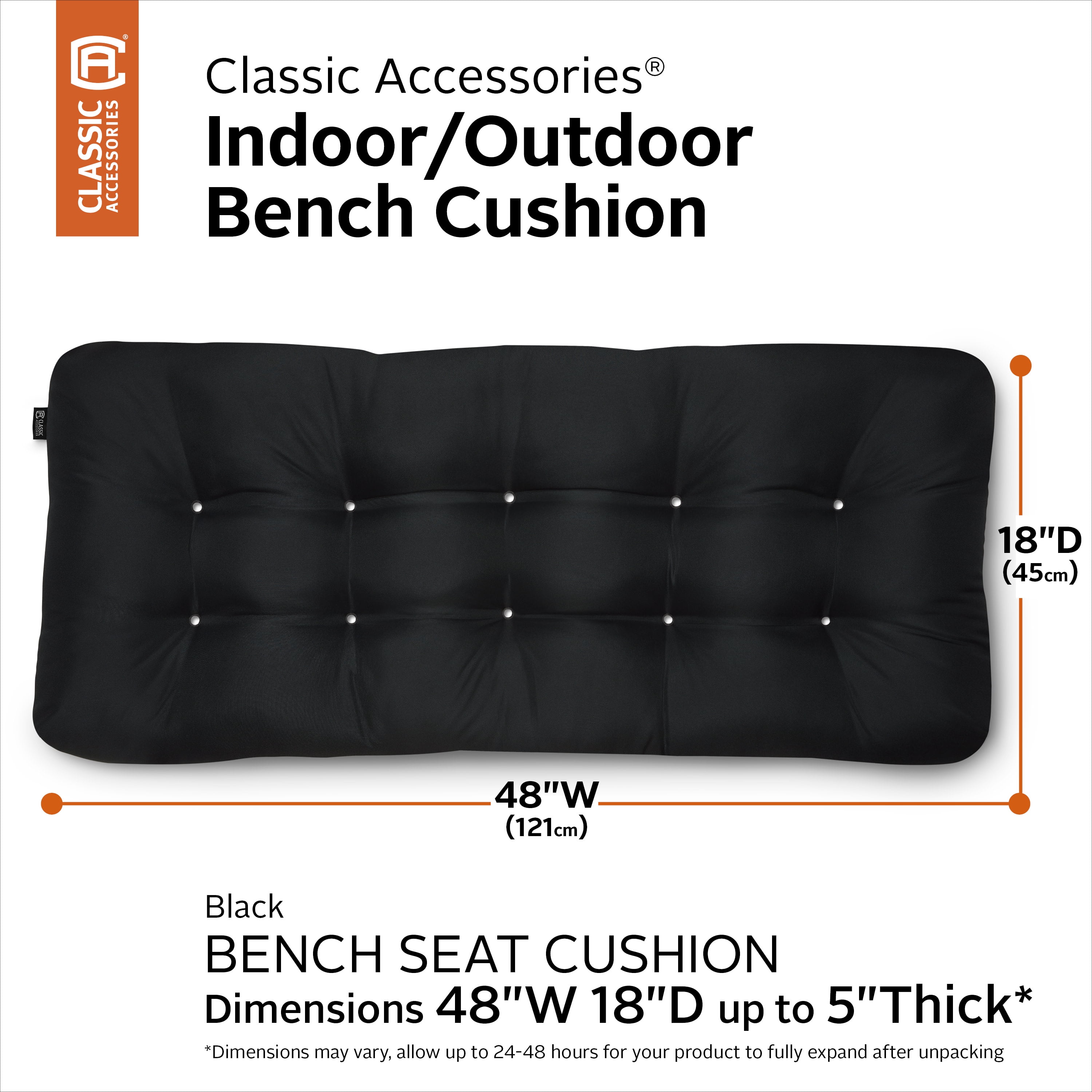 Classic Accessories Water-Resistant Indoor/Outdoor Bench Cushion Black 48"W x 18"D x 5"T