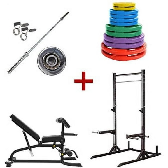 French Fitness Colored Rubber Grip Weight Plate Set w/7 ft Bar 305 lbs   Rack   Bench (New)