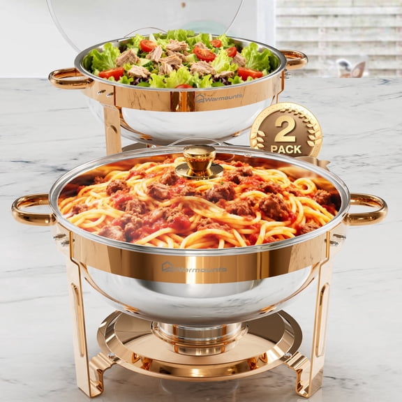 WARMOUNTS Rose Golden Chafing Dish Buffet Set 2 Pack, 5QT Round Stainless Steel Chafer with Lid & Holder for Party Catering Events