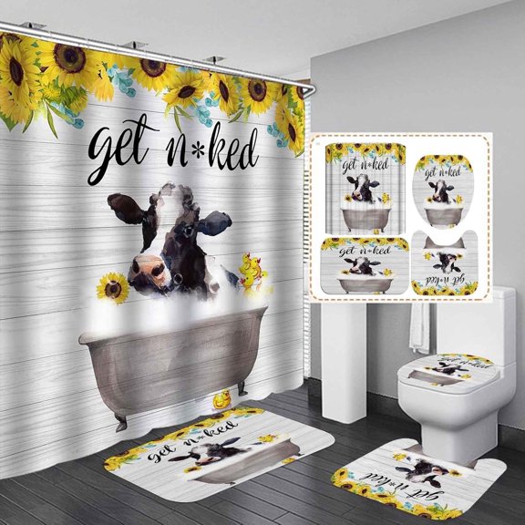Western Farmhouse Shower Curtain Sets 4-Piece Waterproof Polyester 72x72 Inch, Teal Floral & Cattle Design with Non-Slip Bath Mat, Rustic Bathroom Decor Includes 12 Hooks