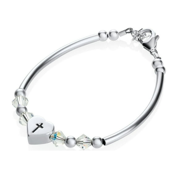 Lovely Sterling Silver Toddler Girl Banglet Bracelet with Cross Heart Bead | Perfect baby shower or birthday gift (BN05)