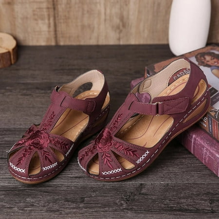 

Holiday Savings 2022! Rourlinge New Hollow Embroidered Wedges With Thick Sole Toe Cap Buckle Women s Sandals Purple 39