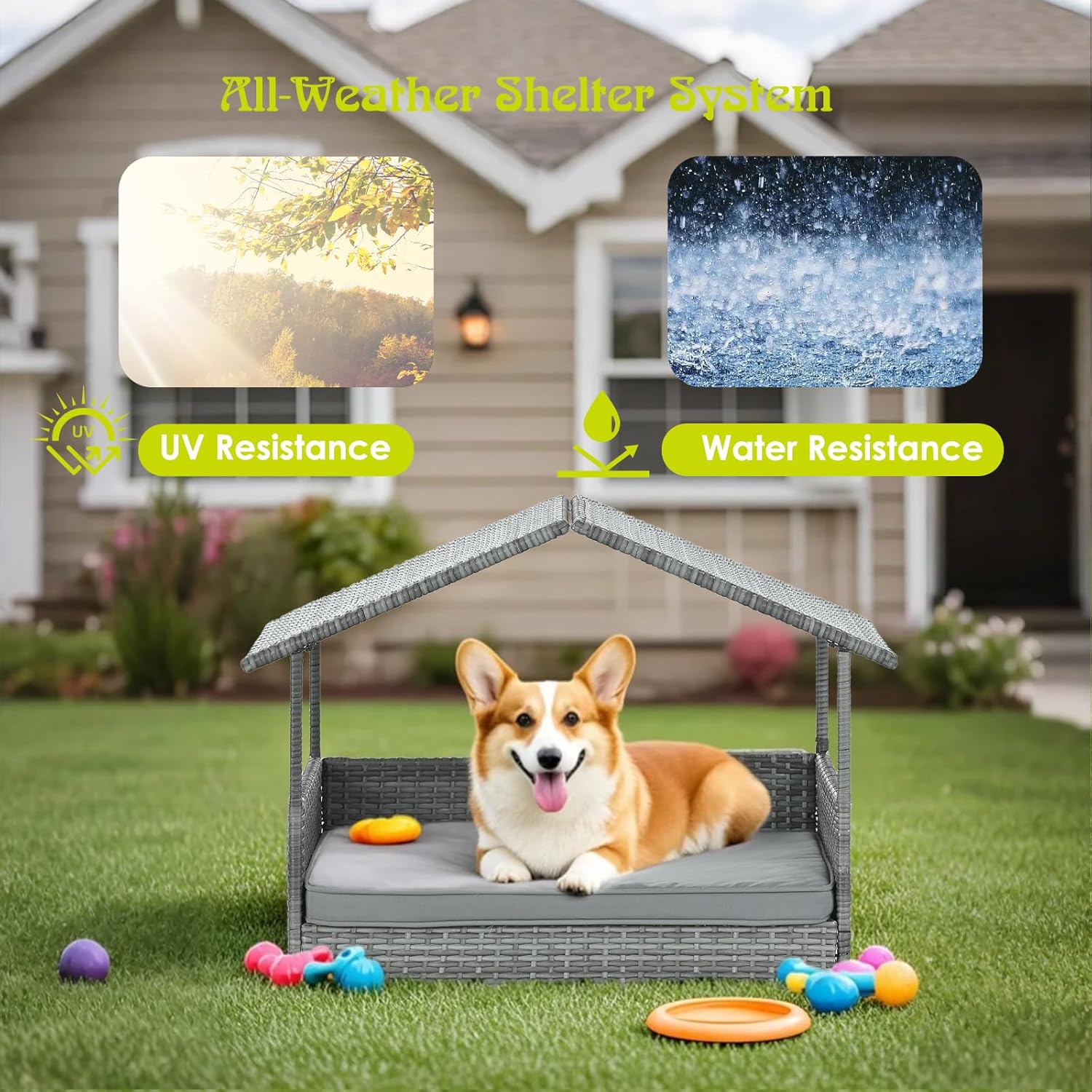 Wicker Dog House Outdoor Indoor with Canopy, Elevated Dog Shelter & Dog Bed with Light Gray Cushion, Water-Resistant Raised Pet House for Small Medium Dogs, Rattan Dog Cot for Deck, Patio, Yard, Pool