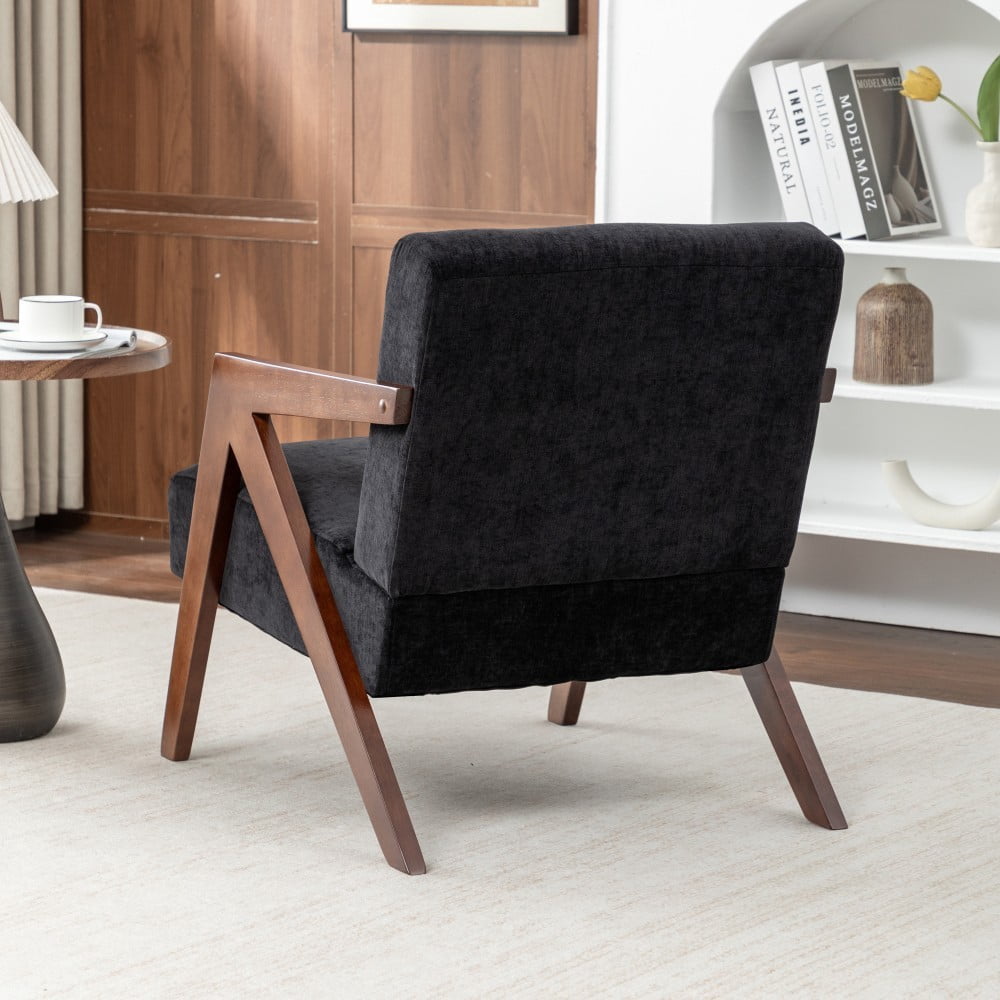 Mid Century Modern Accent Chair, Upholstered Reading Armchair with Rubber Wood Frame, Soft Fabric, Curved Arms for Living Room, Bedroom & Office, Black