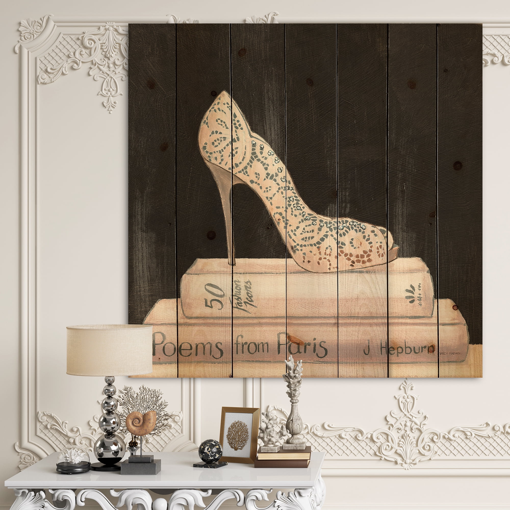 Designart 'Pink Fashion & Glam high heels I' Posh & Luxe Print on Natural Pine Wood