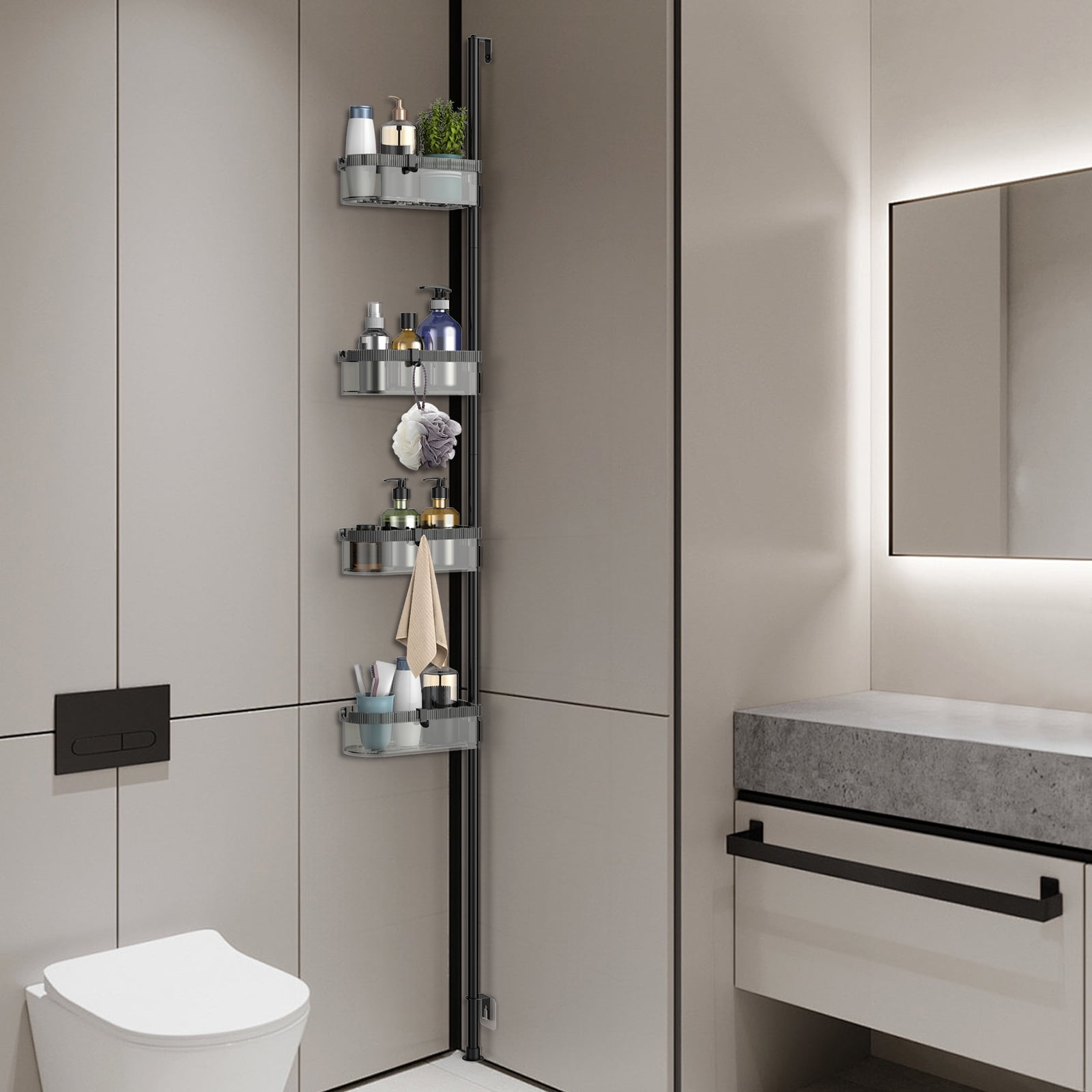 4-Tier Bathroom Tension Pole Shelf, 74.1in Adjustable Ceiling to Floor Storage Organizer for Shower Toiletries, Shampoo, Bath Essentials, Drill-Free Corner Shelf