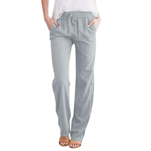 QHFBli Womens Linen Pants Casual Straight Fit Elastic Waisted Drawsting Trousers with Pockets