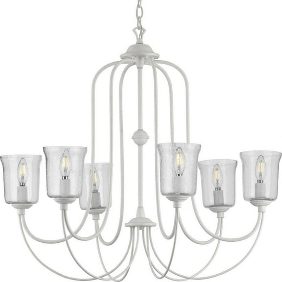 Bowman Collection Six-Light Cottage White Clear Chiseled Glass Coastal Chandelier Light