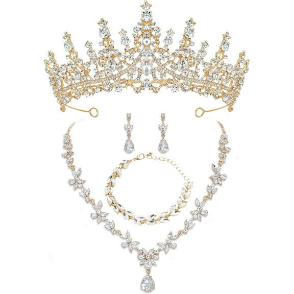 Gold Tiaras and Crowns for Women, Earrings Necklace, Crystal Bridal Jewelry Set, Costume Party Halloween Prom Pageant Jewelry for Women