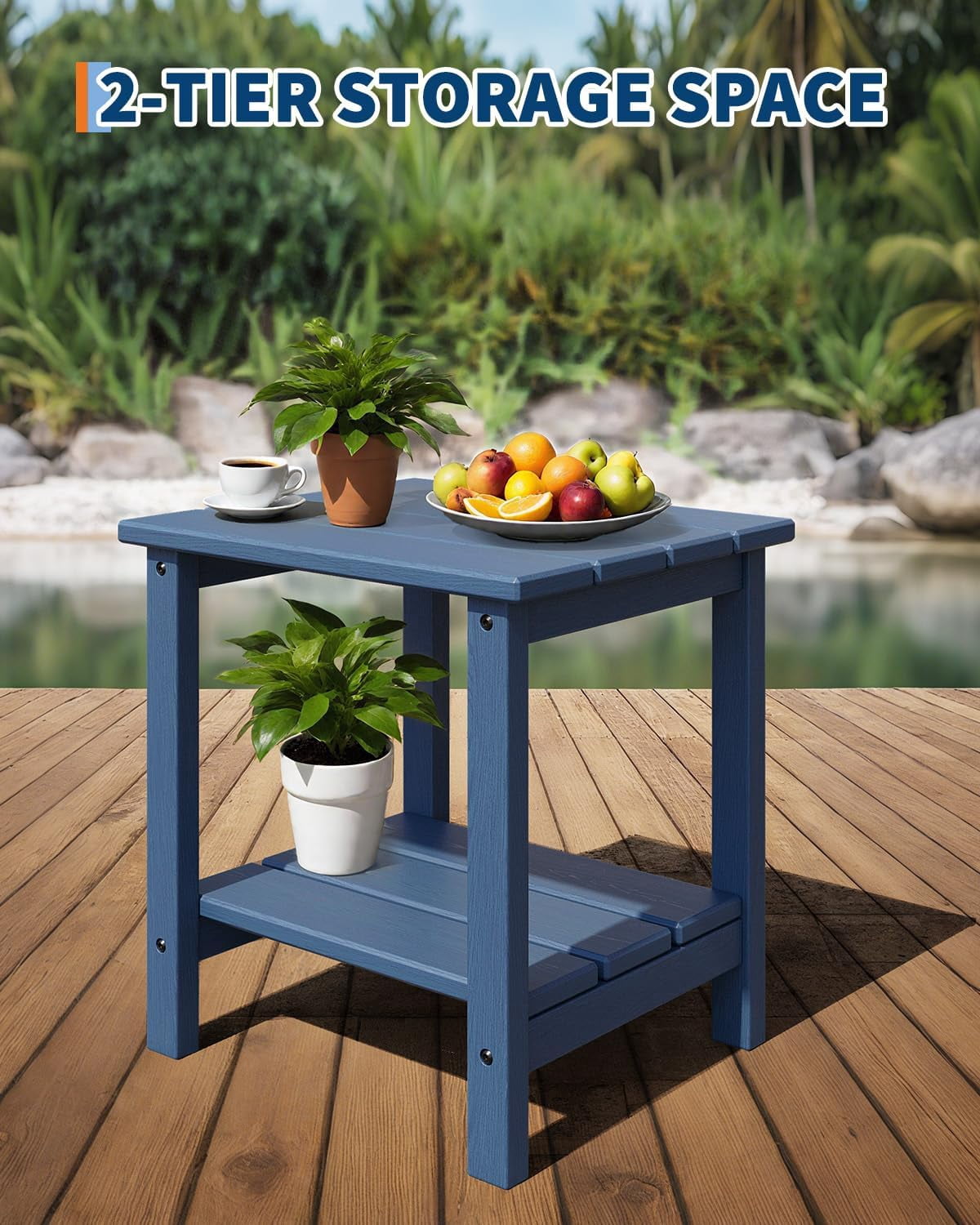 Senfot All-Weather HDPE Adirondack Side Table, 2-Tier Square Outdoor End Table Blue 2pcs
