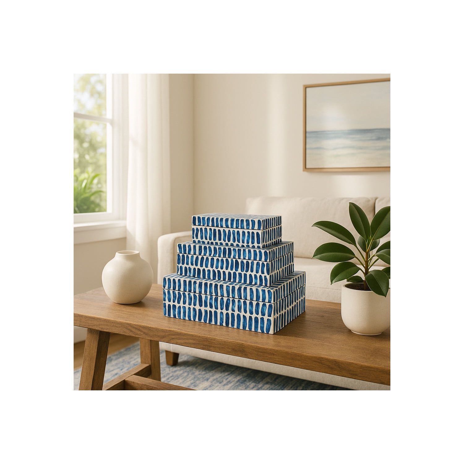 Rectangular Wood Inlay Decorative Box Set for Home Decor - Modern Wood and Resin Display Box for Jewelry and Keepsakes - Home Organizer Storage for Living Room - Set of 3, 4", 3", 3", Blue & White