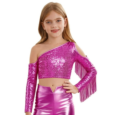 Miutii Girls One-Shoulder Sequins Dance Tops Tassel Sparkle Long Sleeve Crop Top Performance Outfits for 5-16 Years Hot Pink 6
