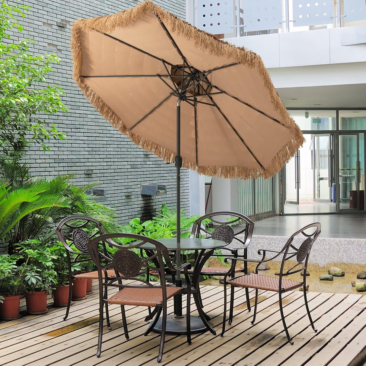 RELAX4LIFE 9FT Thatched Tiki Patio Umbrella - 2-Tier Hawaiian Hula Style Beach Umbrella w/8 Ribs, Tilt Adjustment & Crank Lift, Straw Grass Pool Umbrellas, Tropical Palapa Tiki Umbrella Outdoor Patio