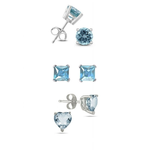 Bonjour Jewelers 18k White Gold Plated 6mm Created Aquamarine 3 Pair Round, Square And Heart Stud Earrings