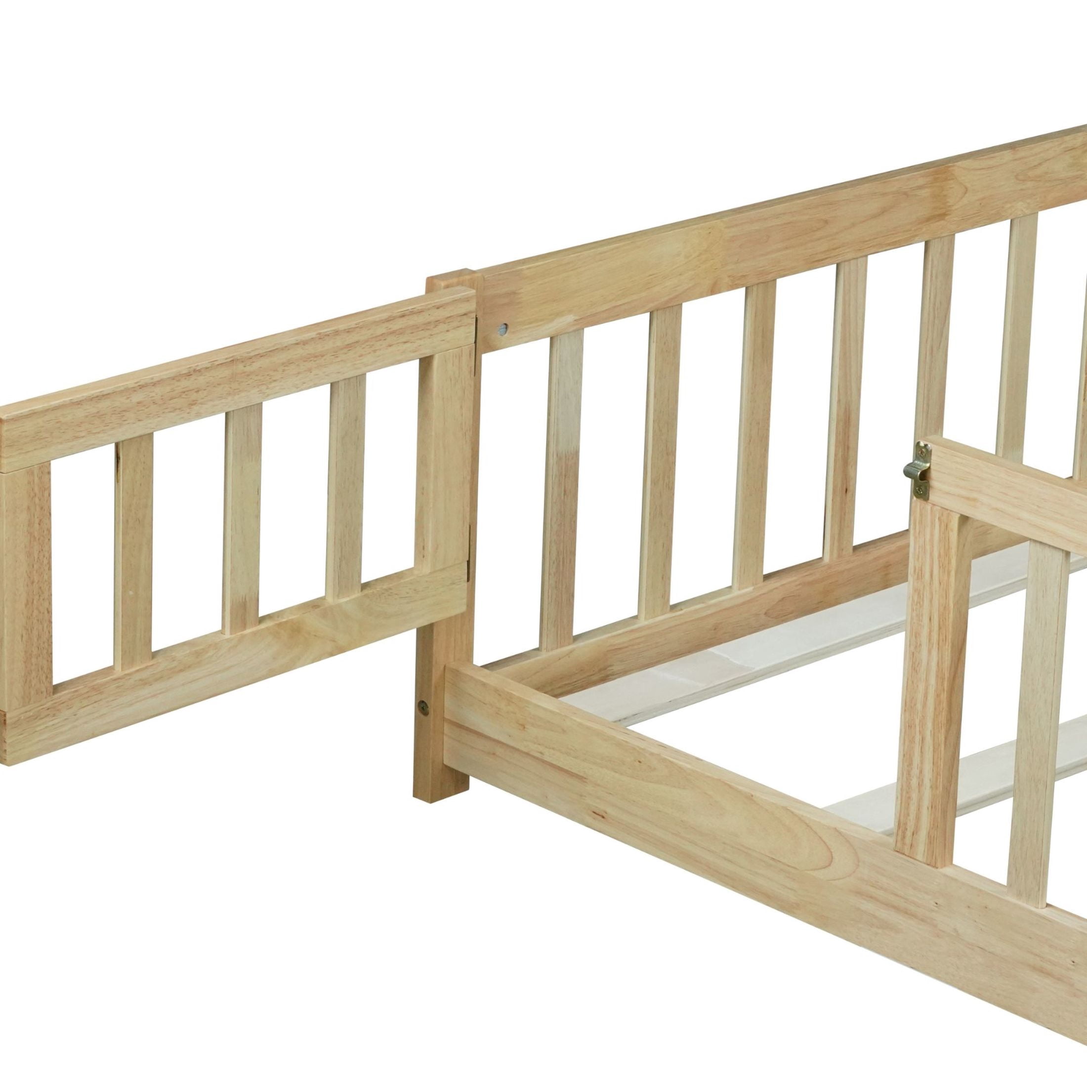 Noble House Corvel Full Size Rubber Wooden Floor Bed with Safety Guardrails & Latching Fence Door, Natural