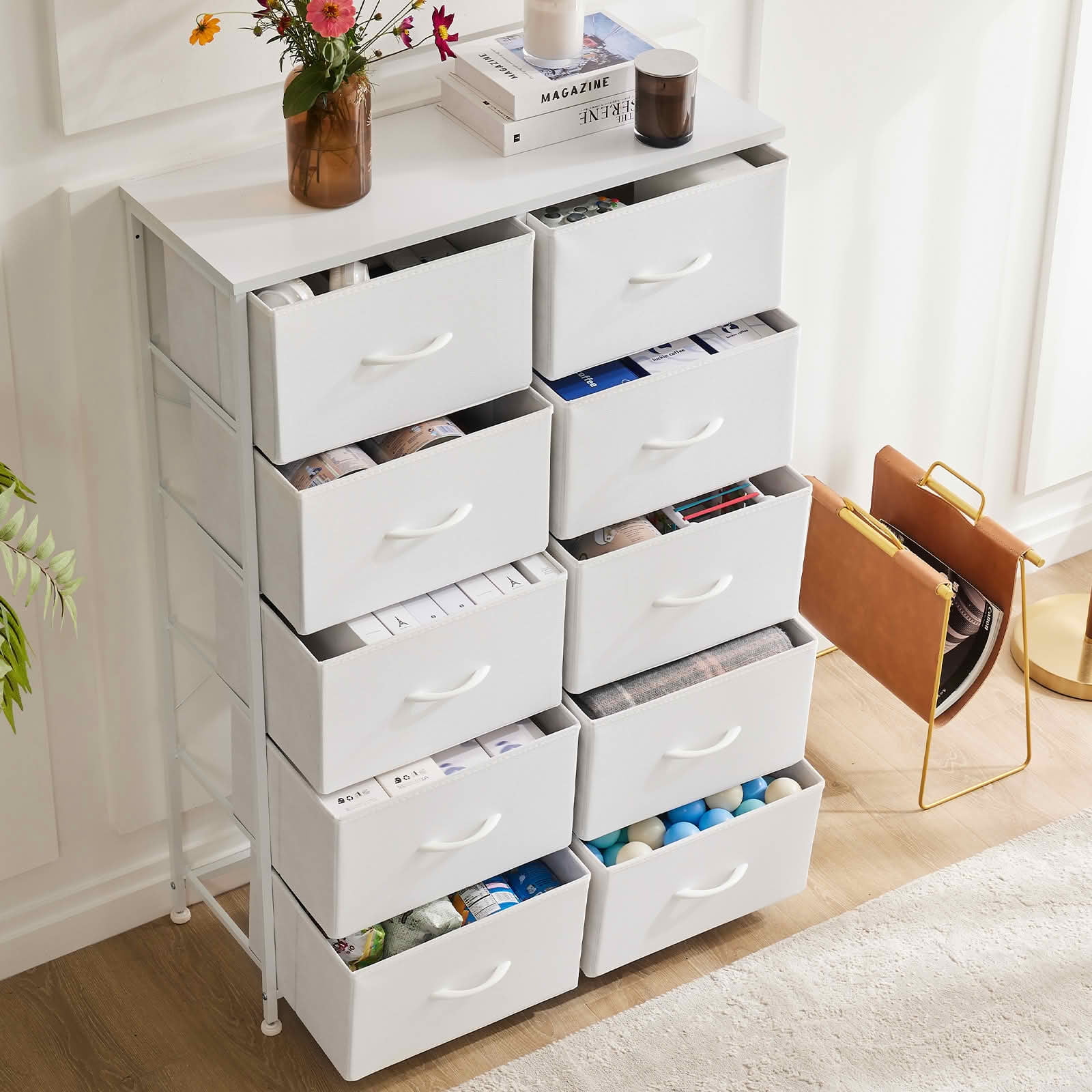 MAYEERTY 10-Drawer Tall Fabric Storage Tower Dresser with Wooden Top, Steel Frame Organizer Cabinet for Nursery Bedroom Closet Entryway