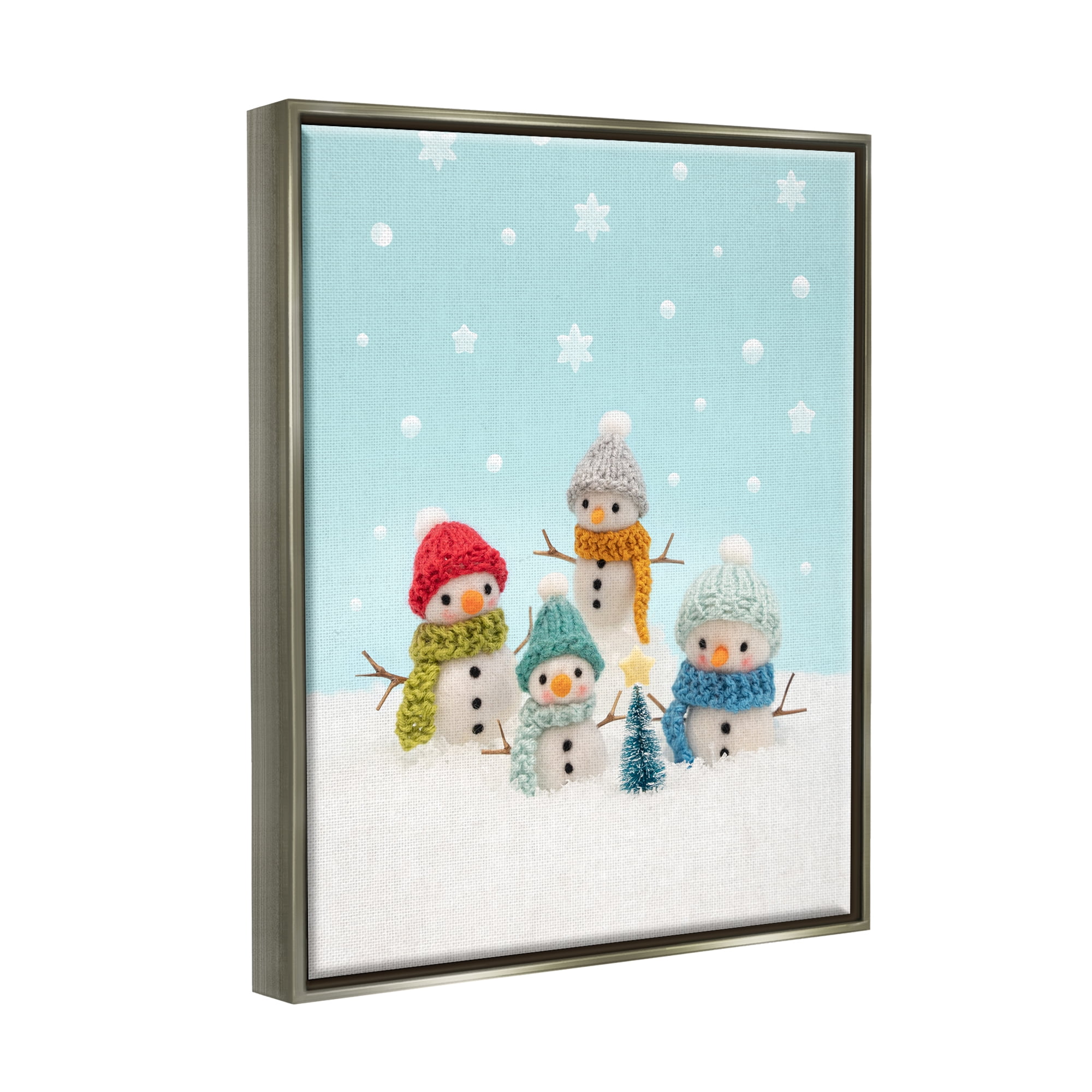 Stupell Industries Winter Snowmen Christmas Tree Holiday Photography Gray Floater Framed Art Print Wall Art