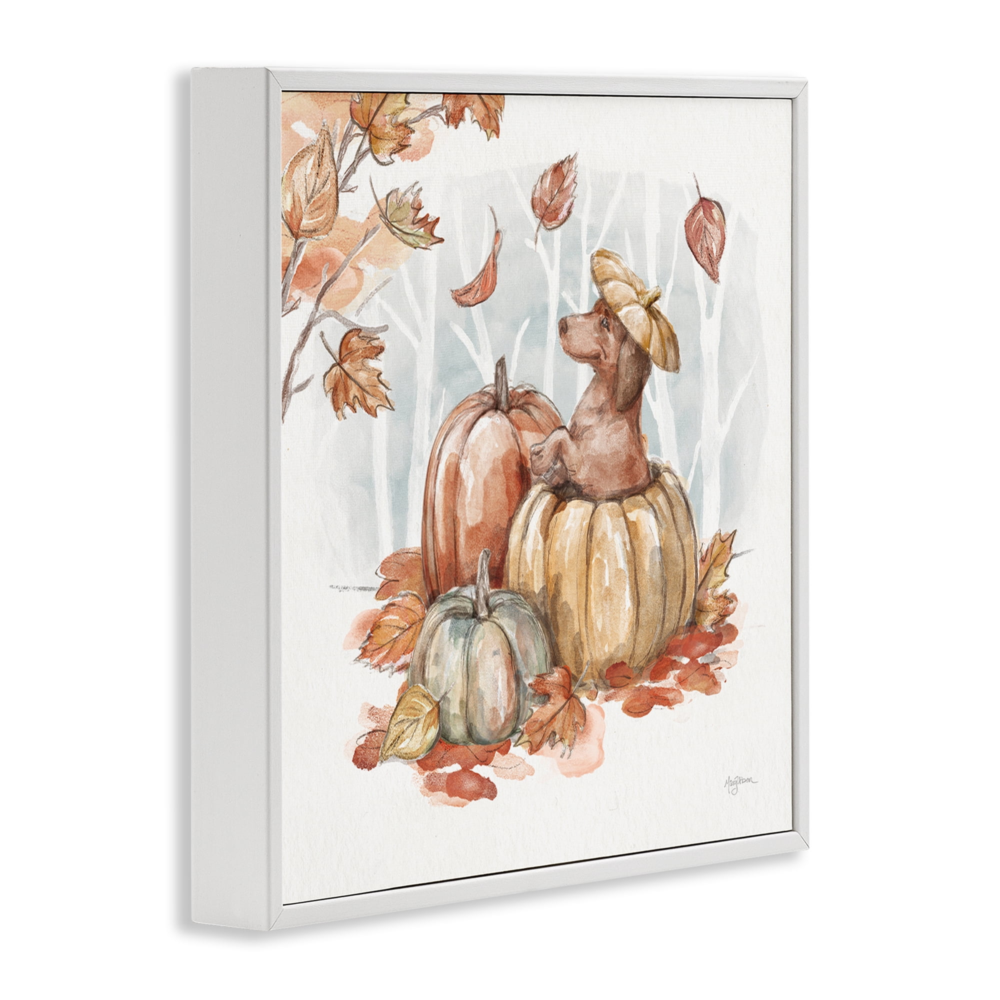 Stupell Industries Fun Dachshund & Pumpkin Holiday Painting White Framed Art Prints Wall Art, 24 x 24