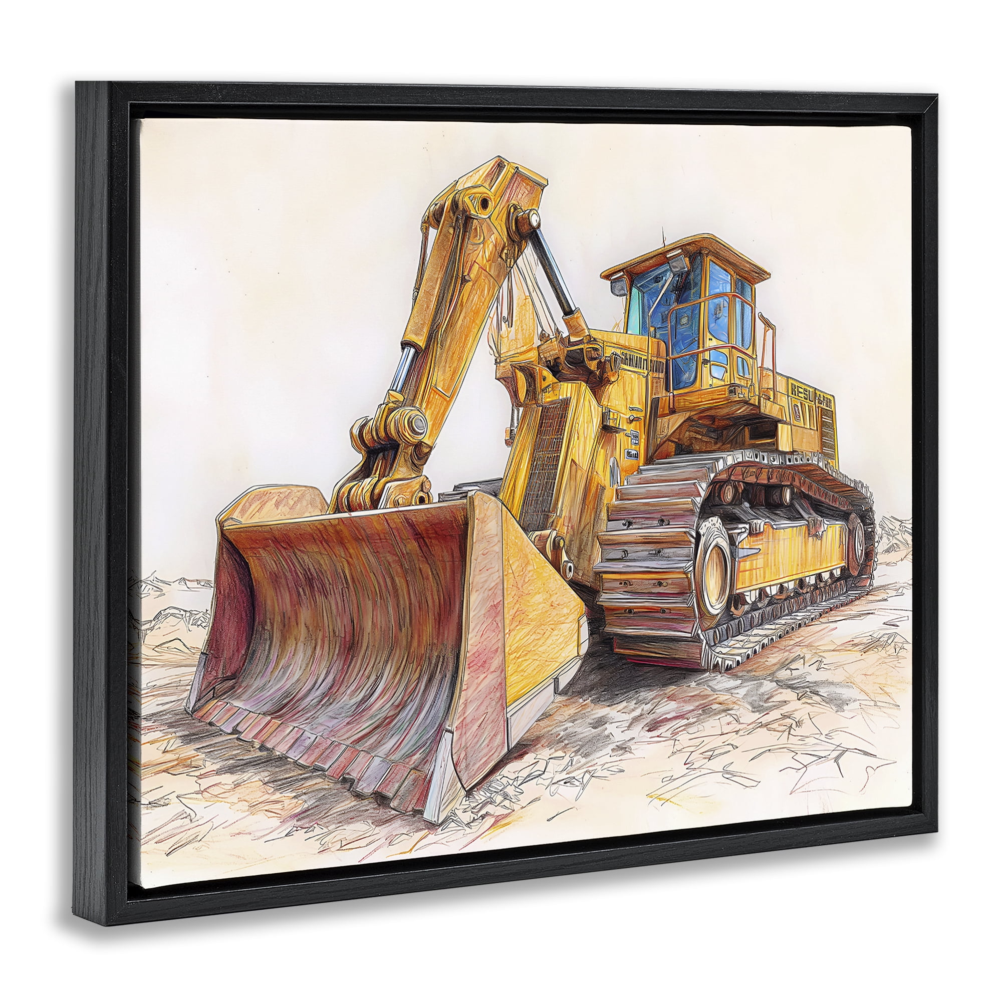 Stupell Industries Industrial Bulldozer Drawing Black Framed Floater Canvas Wall Art, design by Steve Hunziker