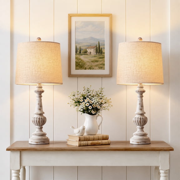 Oneach 24.5" Farmhouse Table Lamp Set of 2, Gray Resin Bedroom Lamps for Living Room Retro
