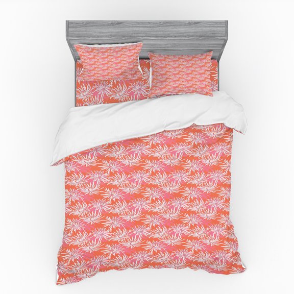 Floral Duvet Cover Set, Hand Drawn Interpretation of Chrysanthemum Flowers, Bedding Set with Shams and Fitted Sheet, 3 Sizes, by Ambesonne